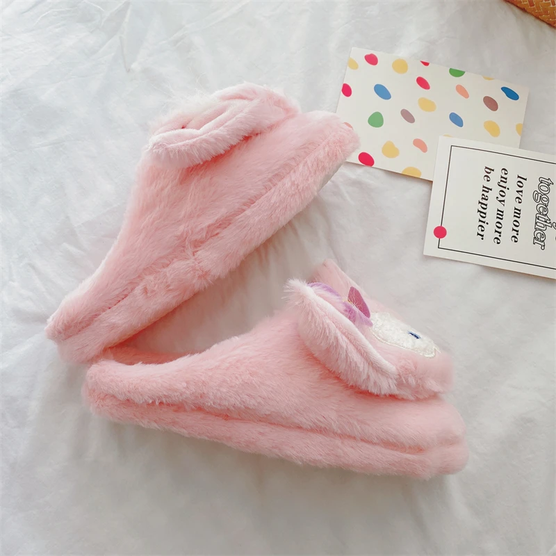 Cute Girly Slippers Pink Foxes Home Indoor Non-slip Women Girl Lovely Plush Slippers Sweat Cotton Shoes Kawaii Flat Lady Shoes