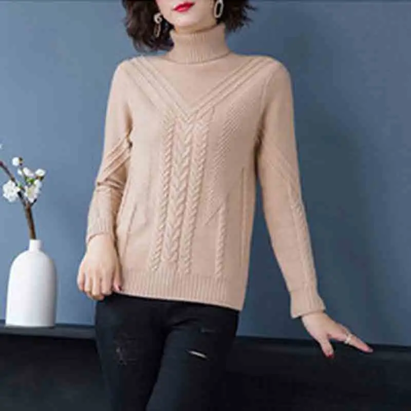 Knitted Casual Sweater Women's Autumn And Winter Warm Temperament Loose Turtleneck Knitted Pullover Sweater Bottoming ShirtLady