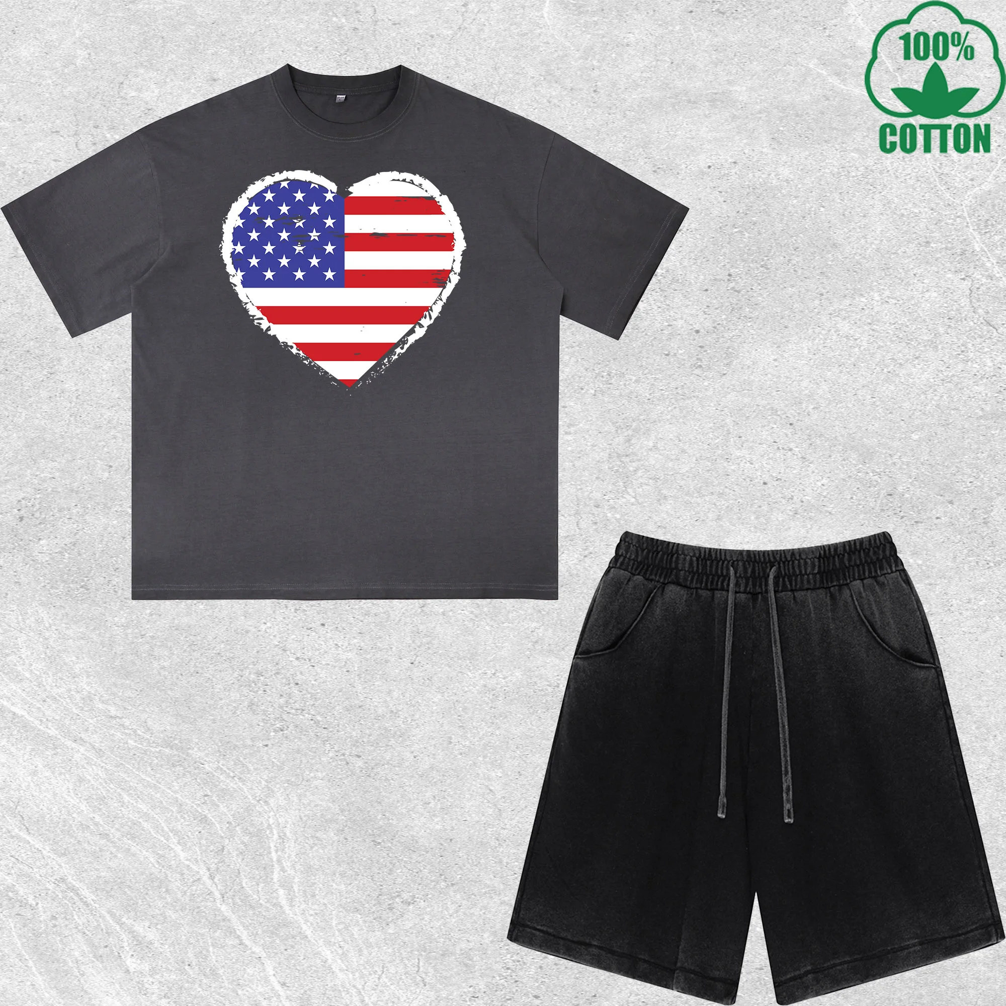 

USA Love Printed Dirty Wash T-Shirt Shorts Set Combo Loose Trendy Fashionable 100%Cotton Black Suit
