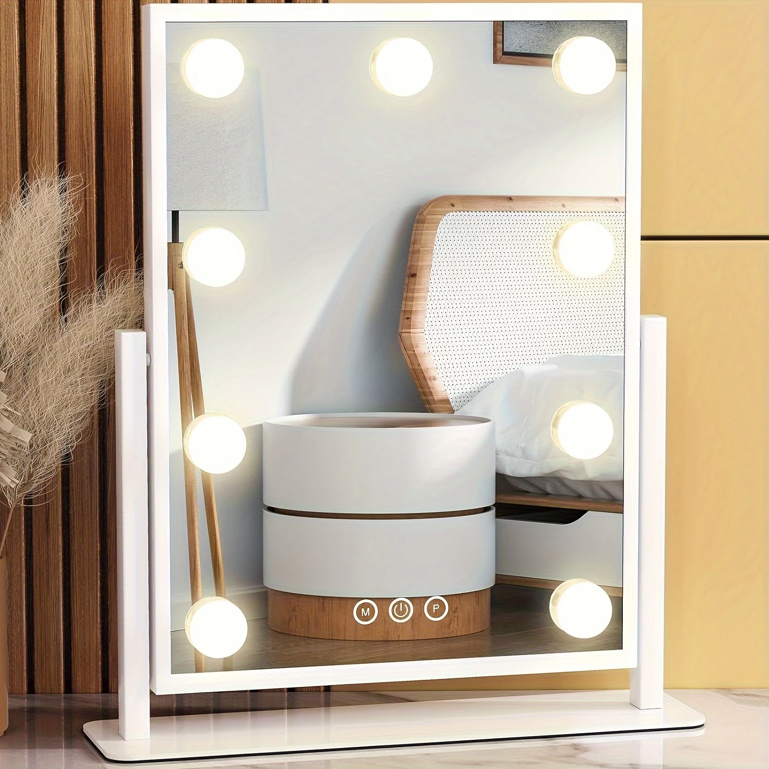 Lighted Makeup Mirror with 9 Dimmable Bulbs, 3 Color Lighting Modes, Smart Control, 360° Rotation - Stylish Vanity Mirror for P