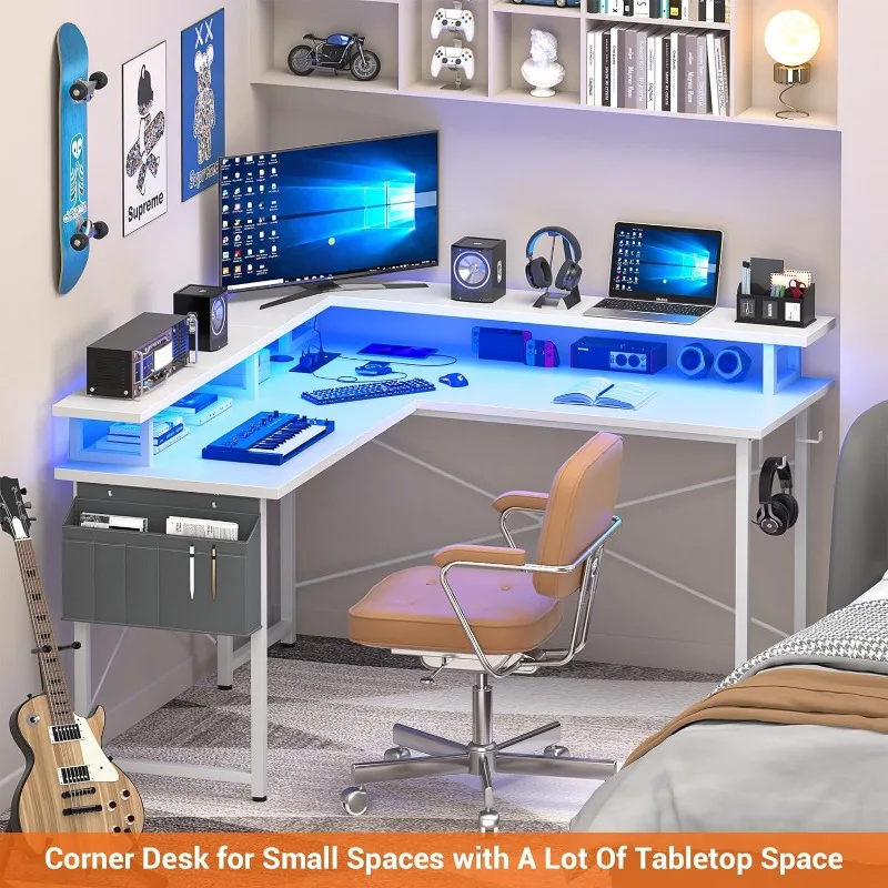 L Shaped Computer Desk with Power Outlets, Gaming Desk L Shaped with LED Lights, Corner Desk with Storage Shelves