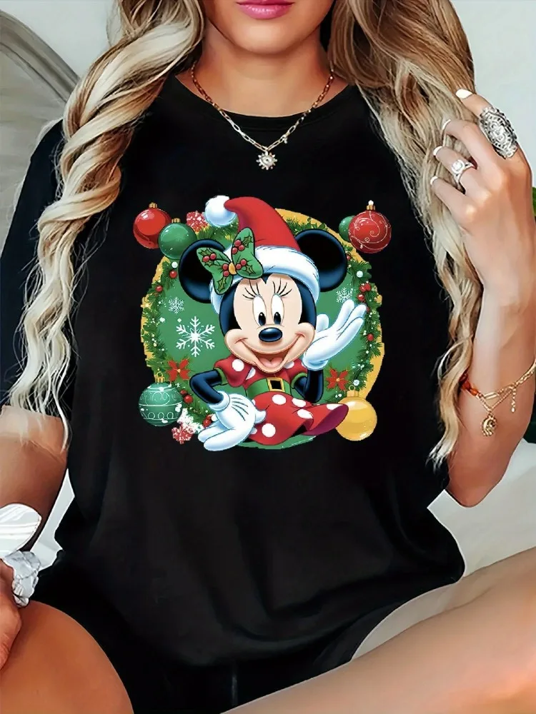 

Женская рождественская футболка с Микки и Минни Диснеем, мягкий топ с круглым вырезом и короткими рукавами, культовый логотип, повседневная праздничная одежда