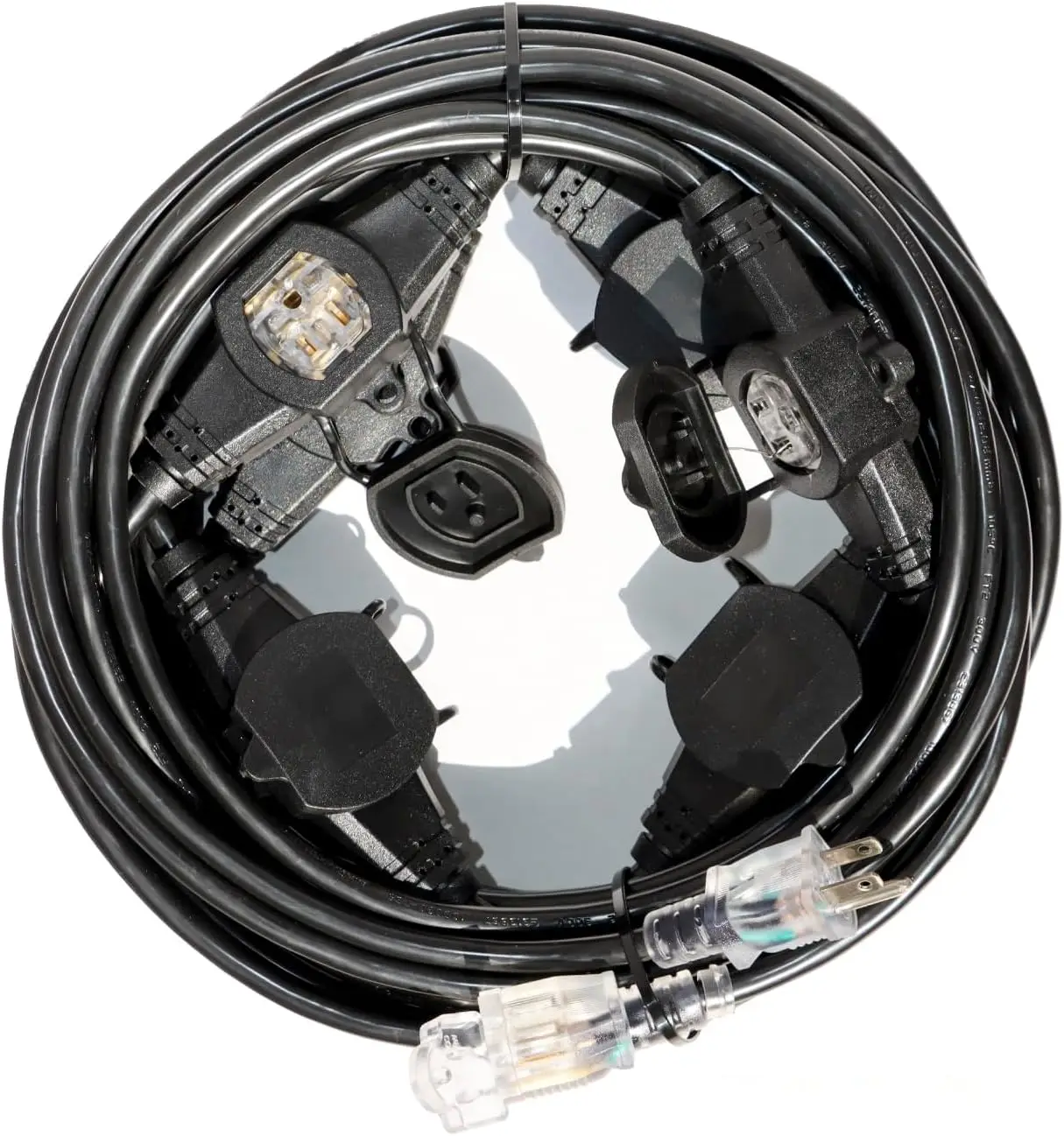 50FT 16 Gauge SJTW Power extension cable 3-head, 5-15R cable male to female, 6 outlet cable, multiple evenly spaced plugs