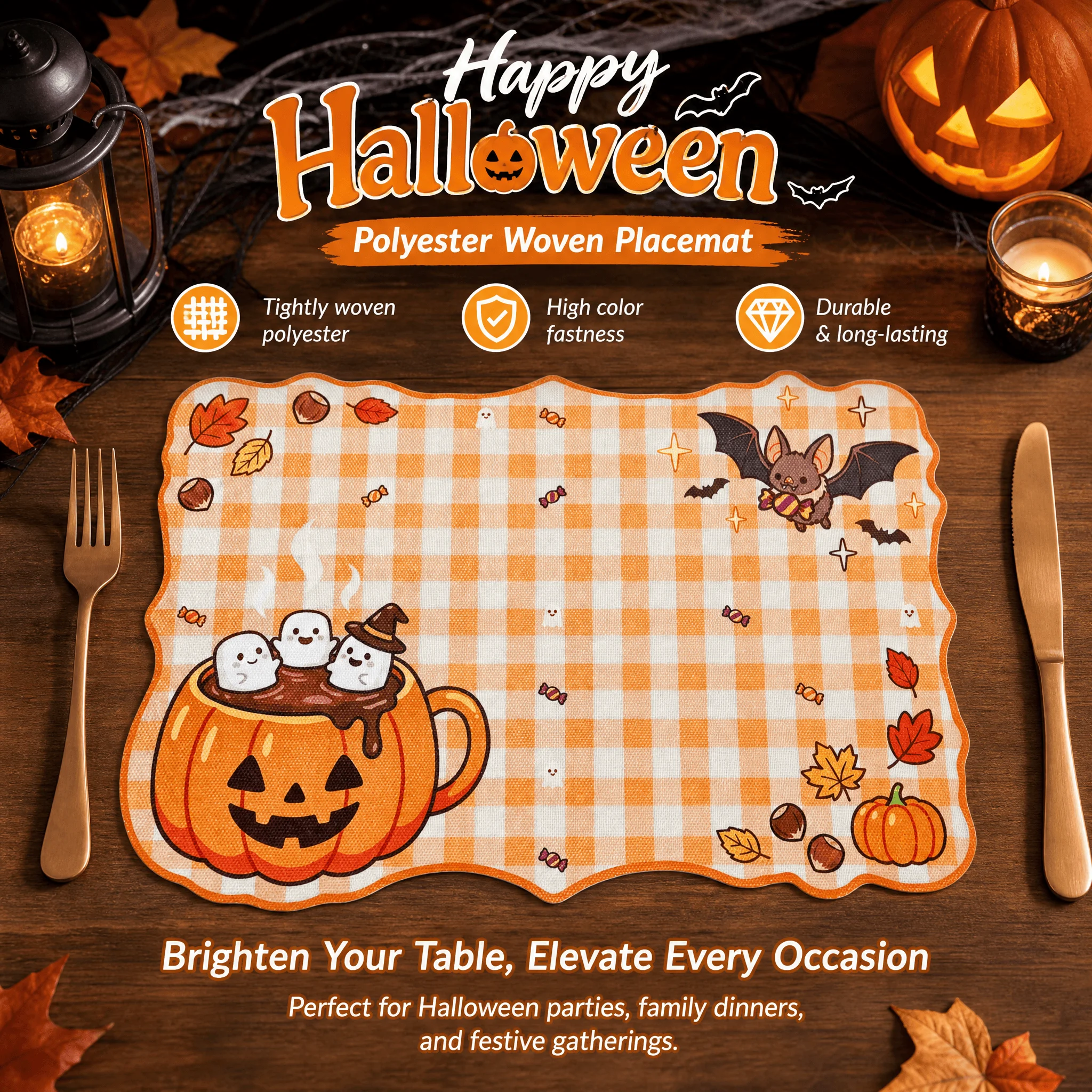 1/2/4pcs wavy Halloween placemats, suitable for Halloween, holiday parties, afternoon tea and dessert plates