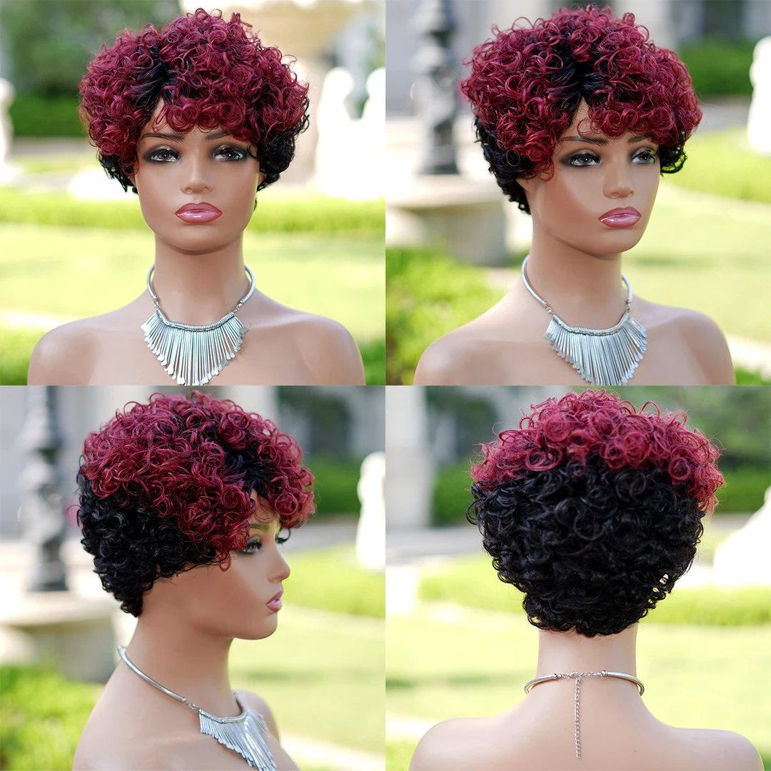 6inch Short Curly Wigs T1B/99J None Lace Front Human Hair Wigs with Bangs 180% Density Machine Made Pixie Cut Curly Wave Wig