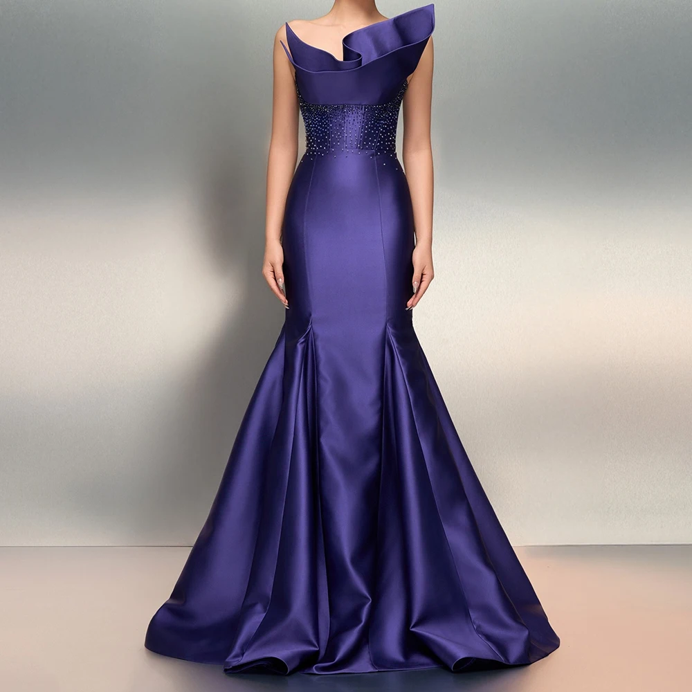 Personalizado a linha vestidos de noite até o chão sem alças sem mangas vestido de baile moda miçangas sem costas simples drapeado vestido de festa