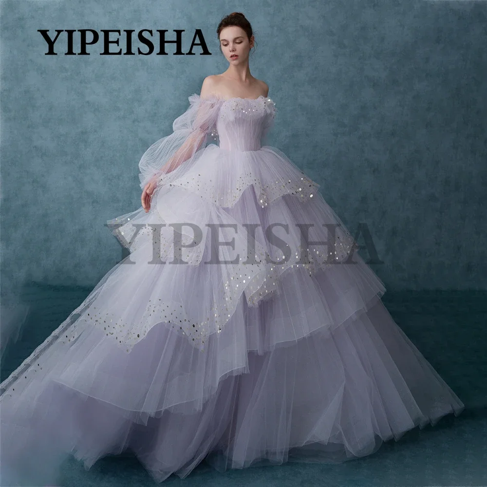 

Exquisite Boat Neck A-Line Evening Dresses Tiered Tulle Sequined Sweep Train Lavender Ball Gown Homecoming Dress robes de soirée