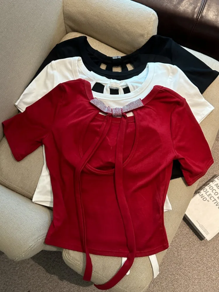 

American Style Spicy Girl Back Hollow Knot Drill round Neck Short Sleeve T-Shirt Summer Slim Fit Shoulder Pad Top