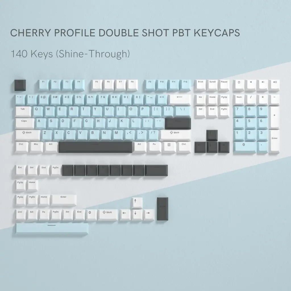 Keycap PBT de doble disparo, Teclado mecánico para juegos, azul claro, RGB, brillo a través, perfil Cherry de 140 teclas para interruptores MX