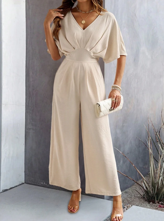 

Chongqing Northwest Girls 2024 New Pleated V-Neck Short Sleeved Monochrome High Waist Casual Wide Leg Long Jumpsuit In Stock