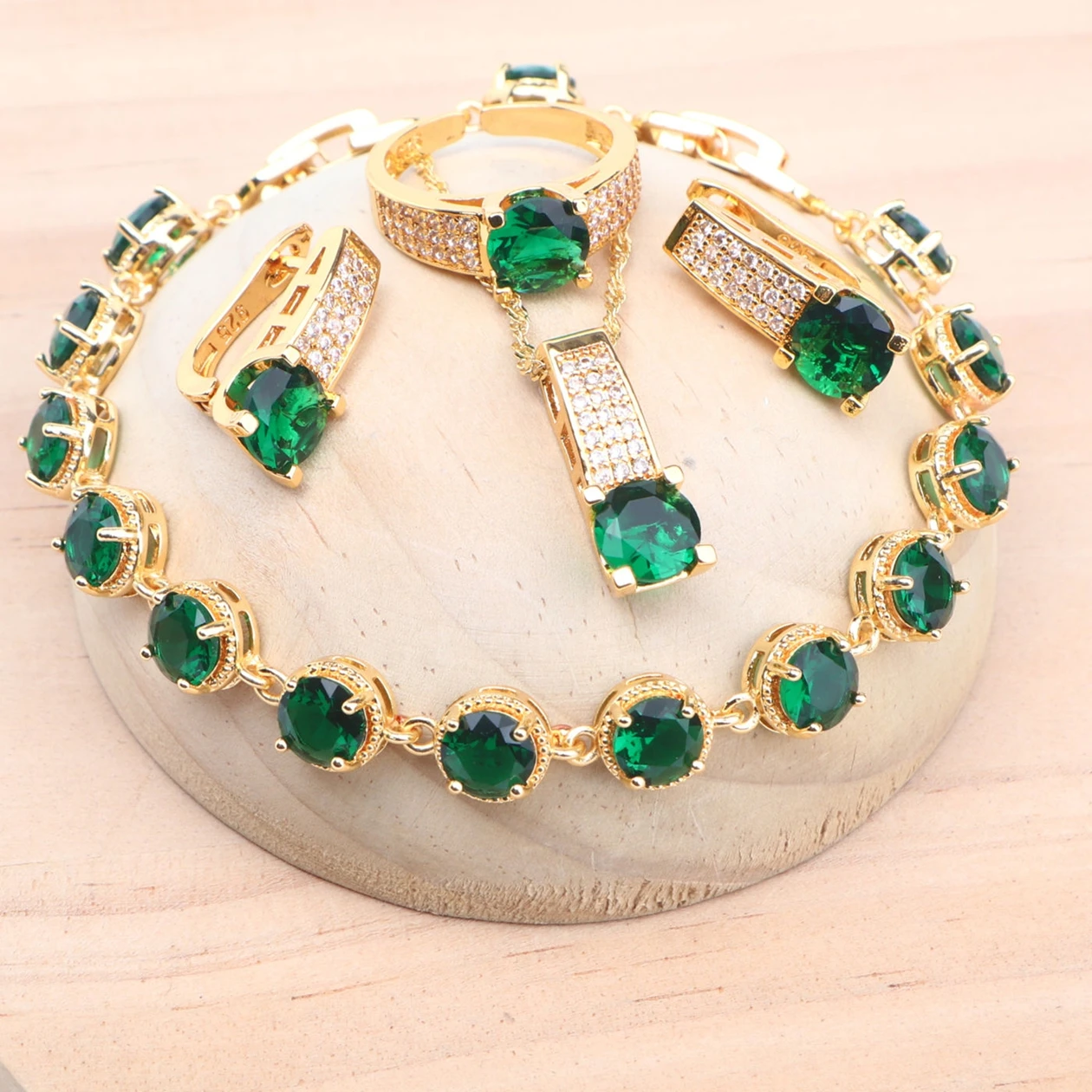 

925 Sterling Silver Gold Color Jewelry Sets Bridal Wedding Green CZ Earrings For Women Rings Pendant Necklace Bracelets Set