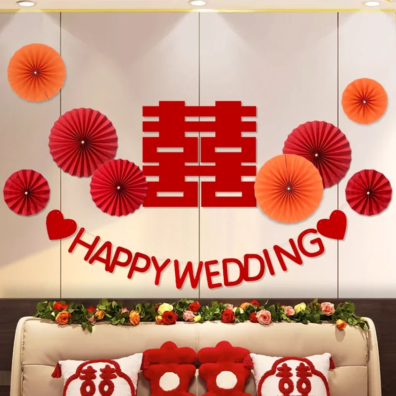 New Chinese style wedding house decoration set origami fan flowers new house woman man festive scene layout happy characters