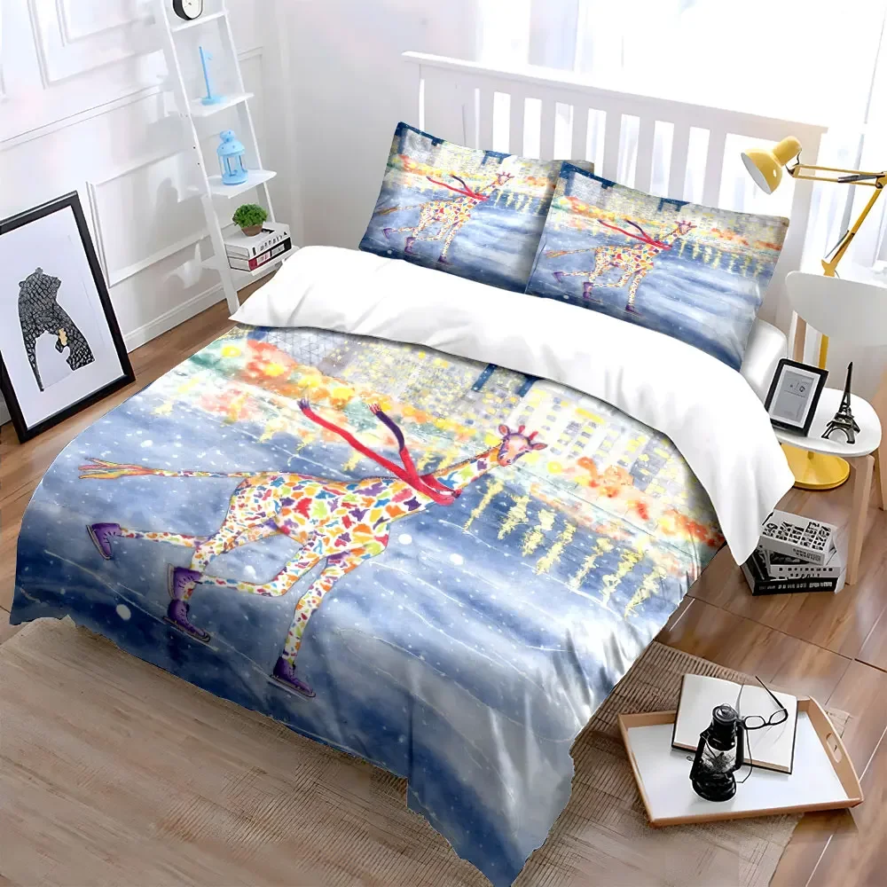 Colorful Giraffe Ice Skating Set Soft Comfortable Duvet Cover Bedding Set Included 1*Duvet Cover & 2*Pillowcases, gift