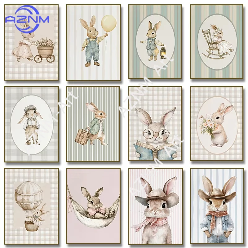 1PC Rabbit Reading A Book Illustration Poster Vintage Bunny Canvas Painting Print Nursery Farmhouse Kids Room Decor