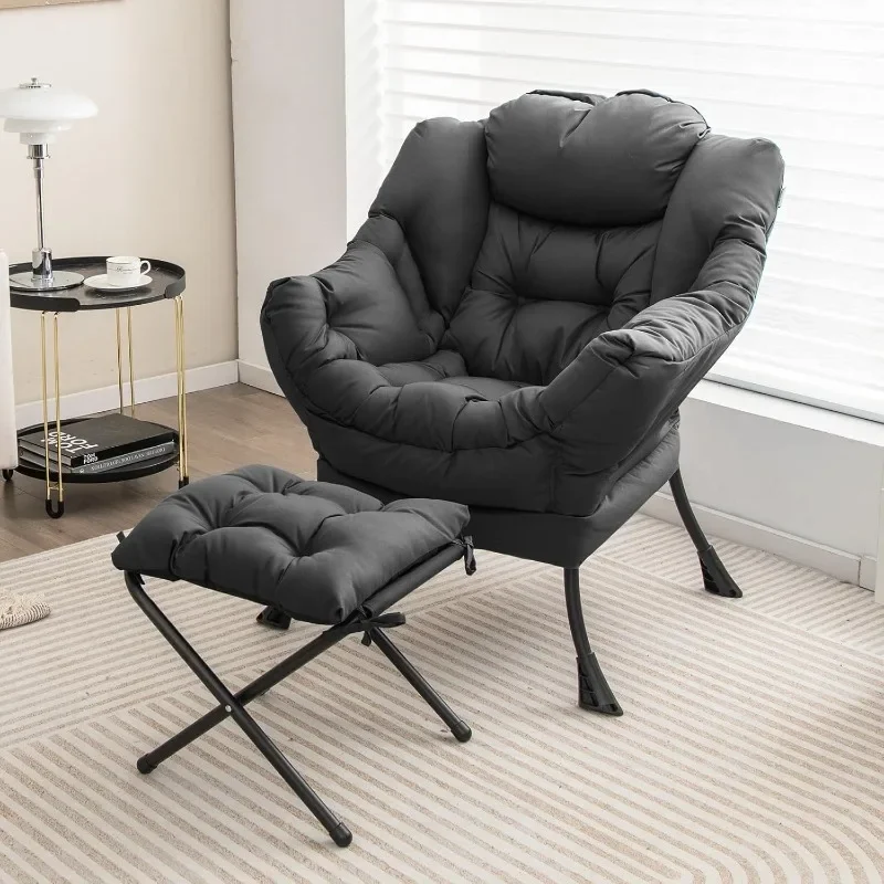 Lazy Chair with Ottoman, Modern Accent Chair w/Armrests & Side Pocket, Upholstered Lounge Sofa Chair