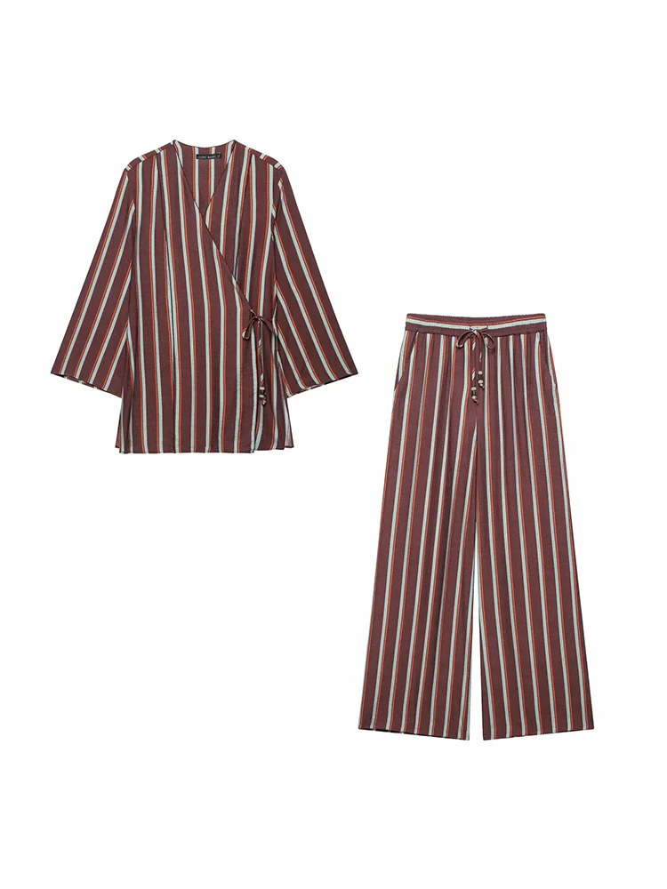 Women Casual Striped Loose Shirt Trouser Suits Women Full Sleeve Lapel Button Top Long Straight Pants Set Female 2026 Lady Suit
