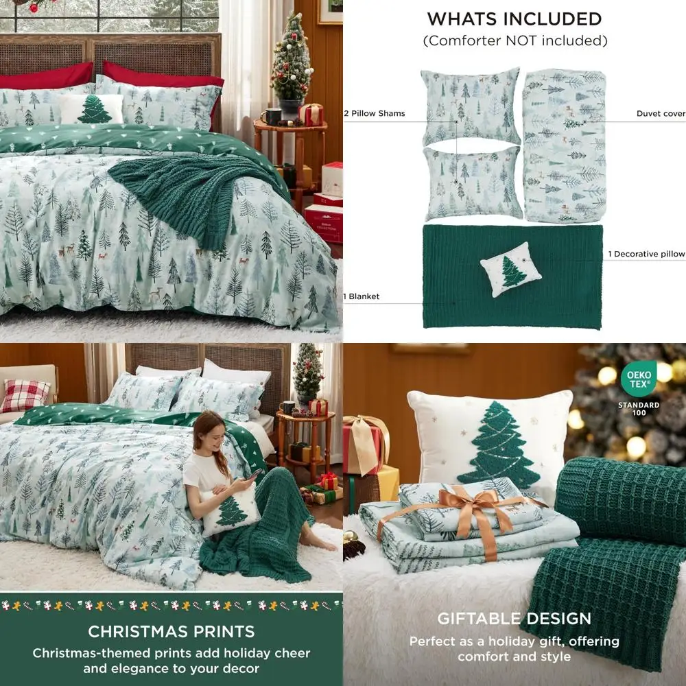 

Рождественский комплект постельного белья Green Forest — размер королевы из 5 предметов, включает пододеяльник, 2 подушки, праздничный праздничный декор