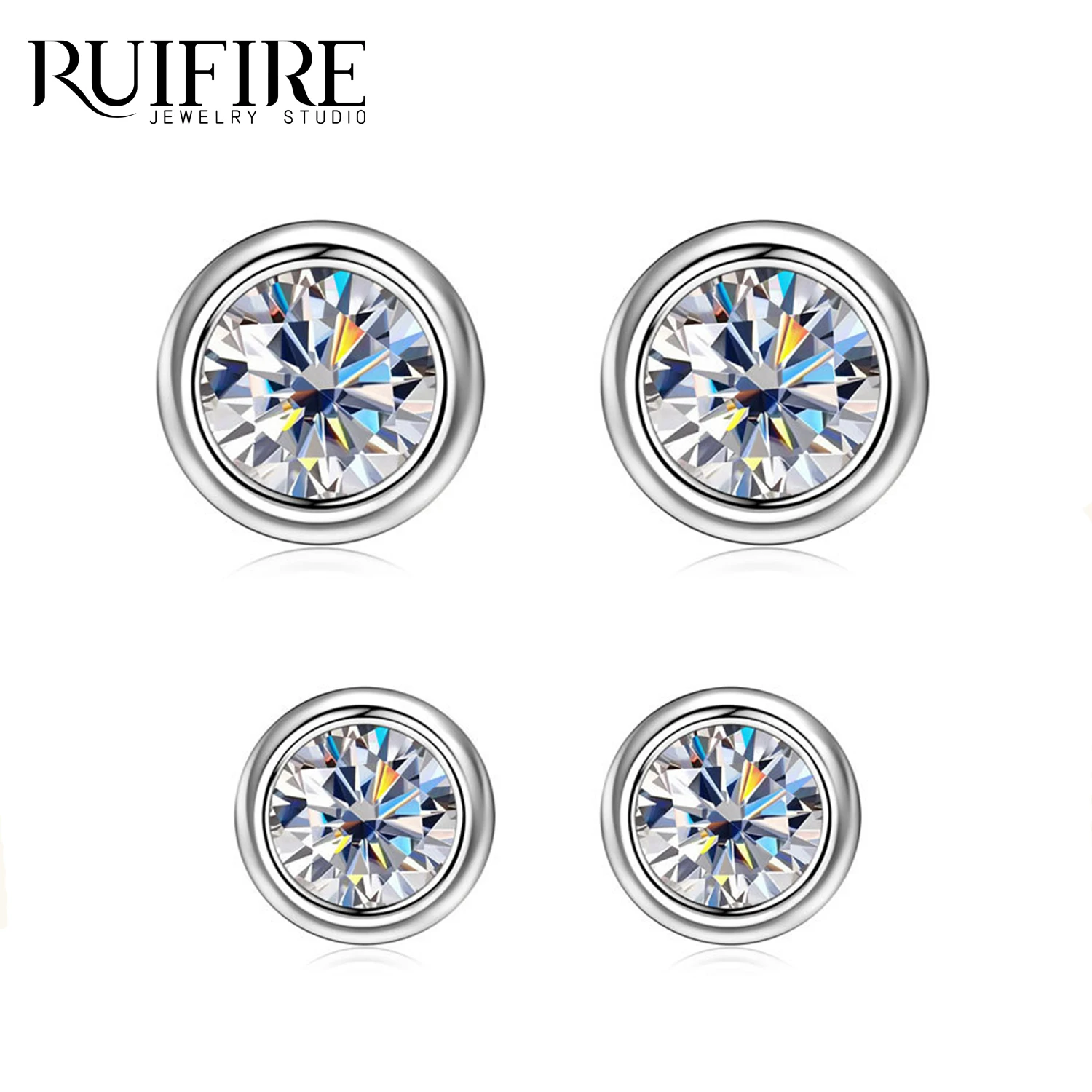 

RUIFIRE Real Moissanite Round Stud Earrings for Women 925 Sterling Silver White Gold Plated Wedding Earring Fine Jewelry Gifts