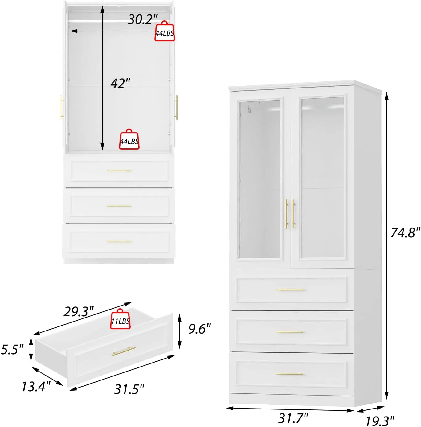 Wardrobe Closet With Hanging Rod, 3 Framed Drawers & 2 Glass Doors, Modern Wooden Armoire, Clothes Storage Cabinet Organizer