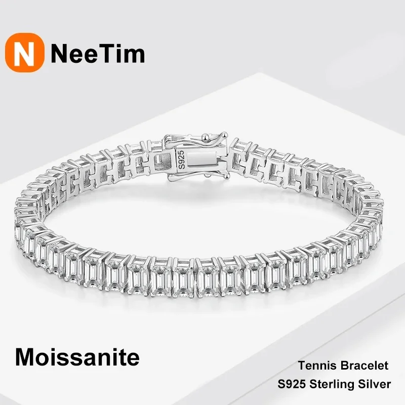 

NeeTim Emerald Cut Moissanite Tennis Bracelets for Woman Man 925 Sterling Silver Lab Diamond Hand Bracelet Women's Men Bracelets