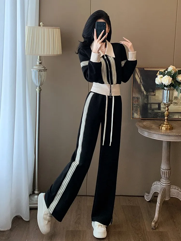 Outdoor Women Black Turn Down Collar Jacket Fitness Set Slim Side Striped Two Piece Running Set Wide Leg Pants Tracksuit Jogging