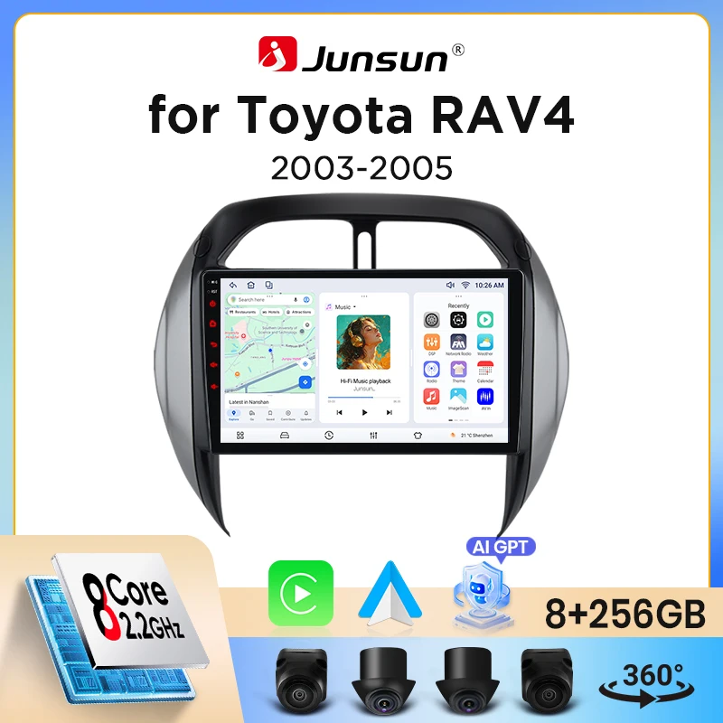 Autoradio Junsun sans fil CarPlay Android Auto pour Toyota RAV4 Mk2 (XA20) 2000-2005 avec ventilateur de refroidissement intégré, navigation GPS Android, lecteu