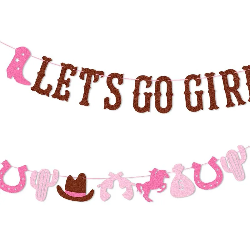 Glitter Let's Go Gilrs Theme Banner Disco Cowgirl Boots Paper Hanging Garland for Girl Happy Birthday Bachelorette Party Decor