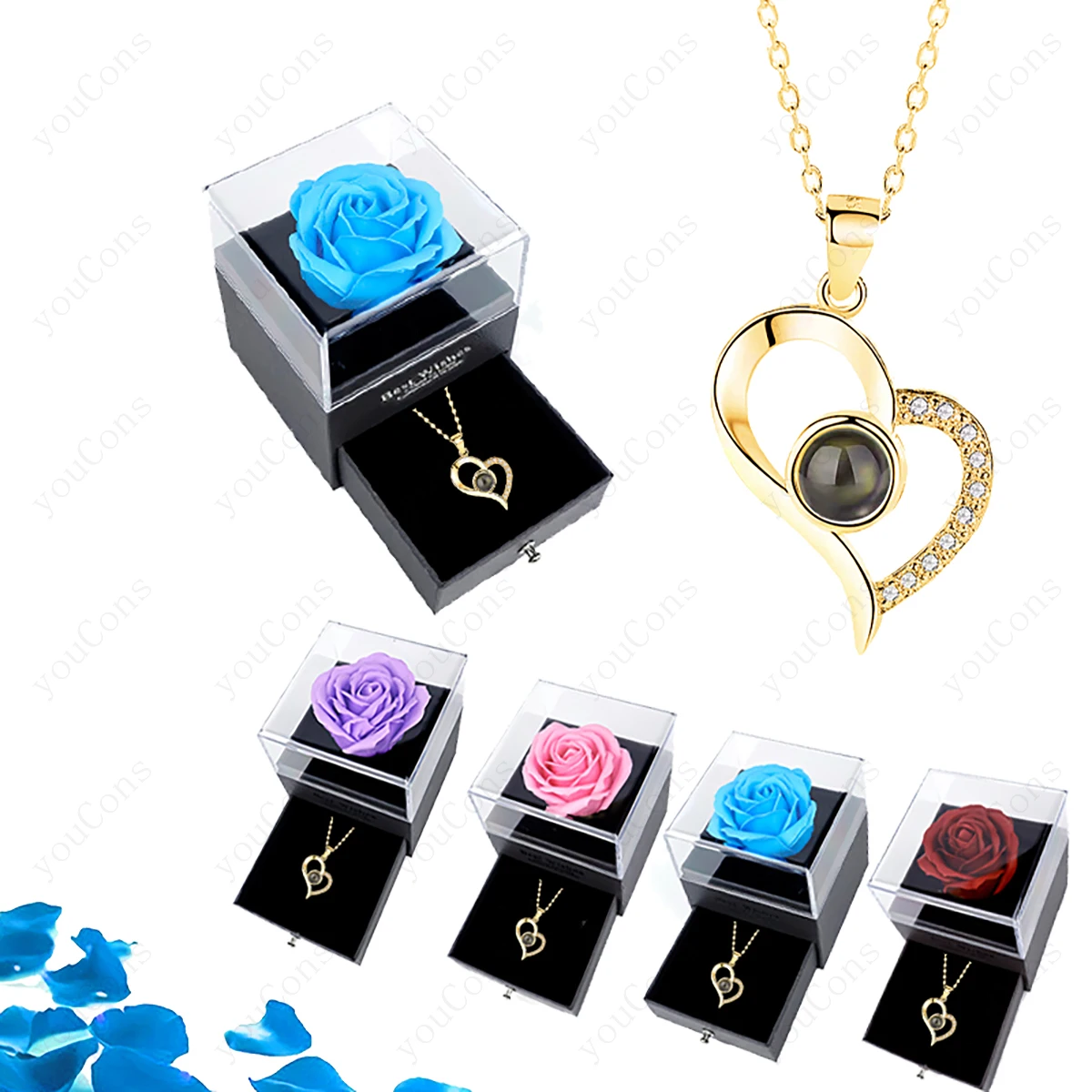 Luxury 100 Languages Projection Pendant Necklaces With Rose Gift Box For Women Valentine Girlfriend Christmas Birthday Jewelry