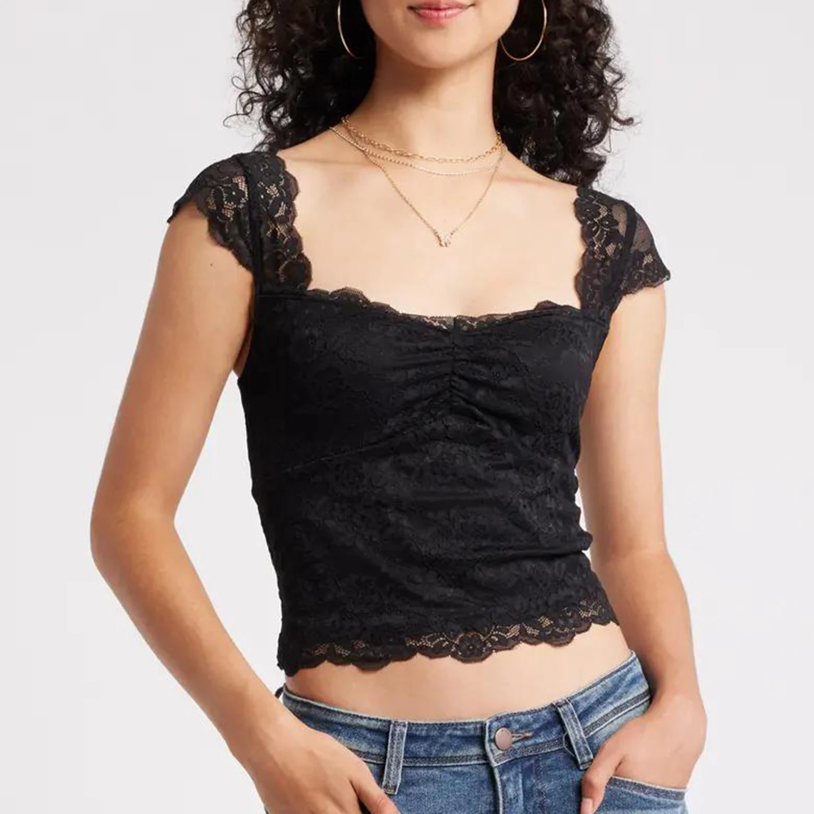 Summer Slimming Lace Tops Women's Short Cap Sleeve Square Neck Short Trendy T-shirt