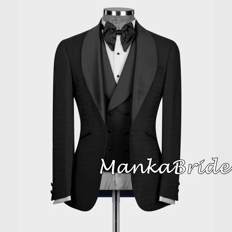 Black Satin Collar Black Groom Tuxedo for Wedding Party 3PCS Blazer Vest Pants Formal Full Men's Suits