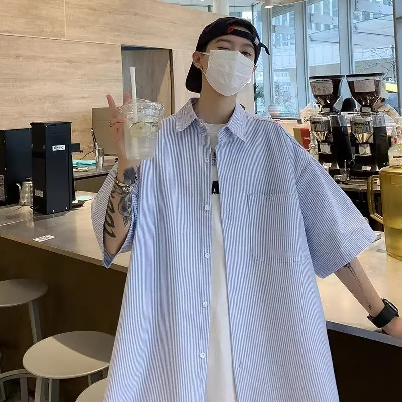 

Loose Men's Short Sleeve Shirt Striped Casual Style Summer New Arrival Comfortable Breathable Polyester Fiber Large Size