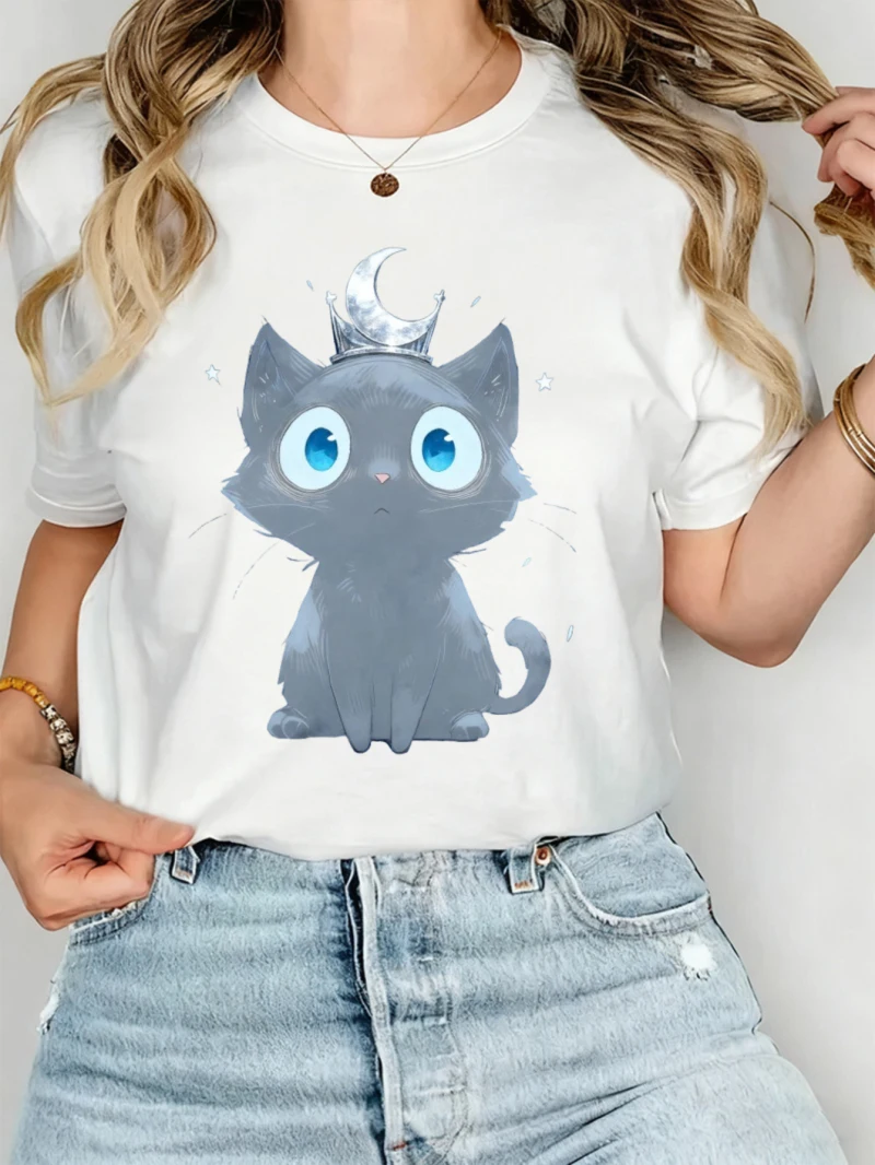 

Women's Loose Cotton Printed Top with White Short Sleeves Is Suitable for Spring and Summer Styles with Cute Cartoon Cats