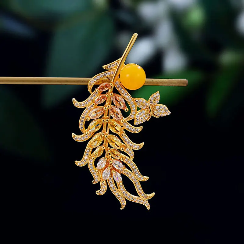 luxury brooch yellow crystal wheat ear brooches for women exquisite yellow beeswax Feather broche cheongsam Hanfu accessory gift view 4