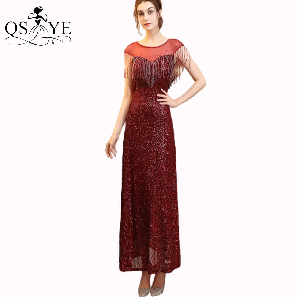 Red Sequin A line Prom Dresses Sheer Neck Cap Sleeves Evening Gown Empire Beadings Straps Keyhole Open Back Girls Party Gown