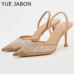 Glitter Rhinestone Pointed Slippers Women High Heel Summer Flip Flops Female Sexy Party Sandals Breathable Mesh Mule Pumps Women