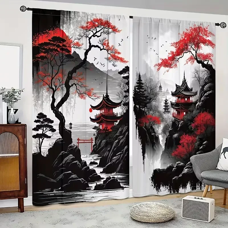 2 Pieces of Japanese Style New Chinese Ink Pattern Printed Curtains with Pole Bag Design, Suitable for Bedrooms and Living Rooms