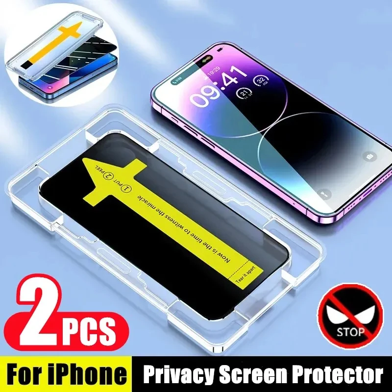 2PCS One-click Install Privacy Screen Protector For iPhone 14 13 12 11 15 Pro Max Mini X XR XS Max 6 7 8 Anti-Spy Tempered Glass