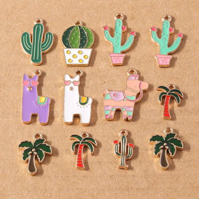 

10pcs Enamel Plant Coconut Tree Charms Cactus Alpaca Pendants for Jewelry Making DIY Necklace Earrings Accessories Supplies