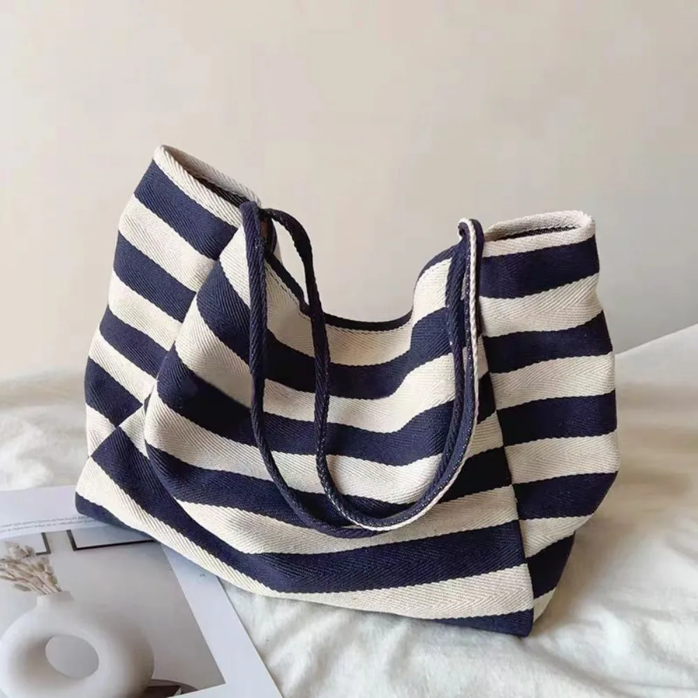 

Large Capacity Black White Stripe Bag Contrast Color Korean Style Stripe Canvas Handbag Simple Soft Thin Straps Tote Bag Women