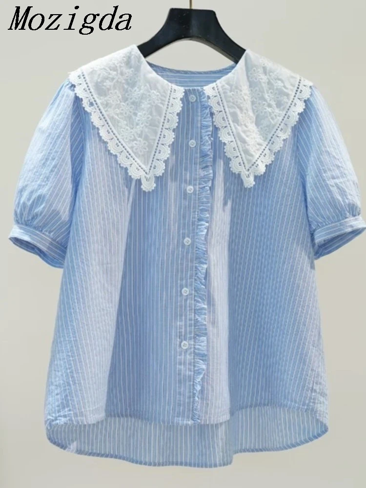 

Summer Lace Blue White Plaid Thin Cotton Blouses Peter Pan Collar Short Sleeve Sweet Short Loose Shirts Ladies Tops