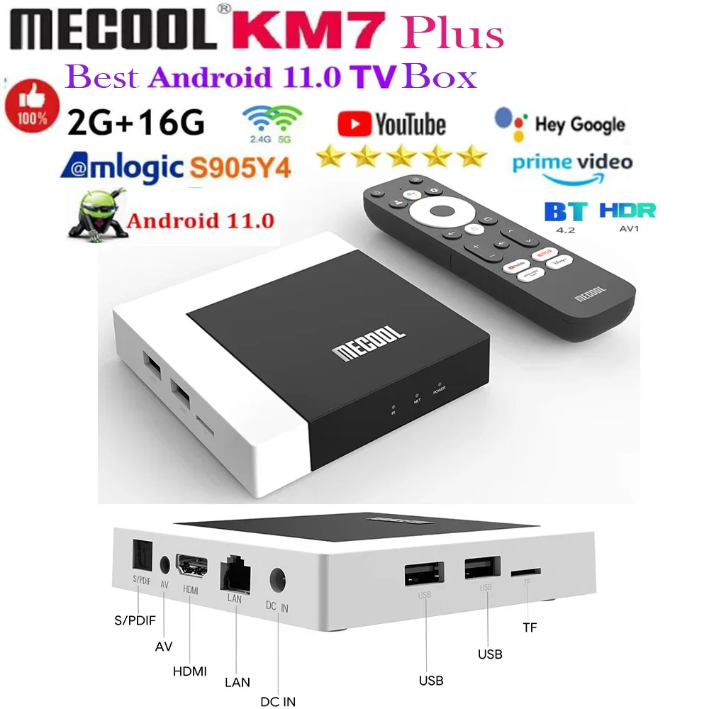 

[Genuine]MECOOL KM7 Plus Smart TV Box Android 11 Netflix 4k Google TV 2G DDR4 16G ROM 100M LAN Internet S905Y4 Home Media Player