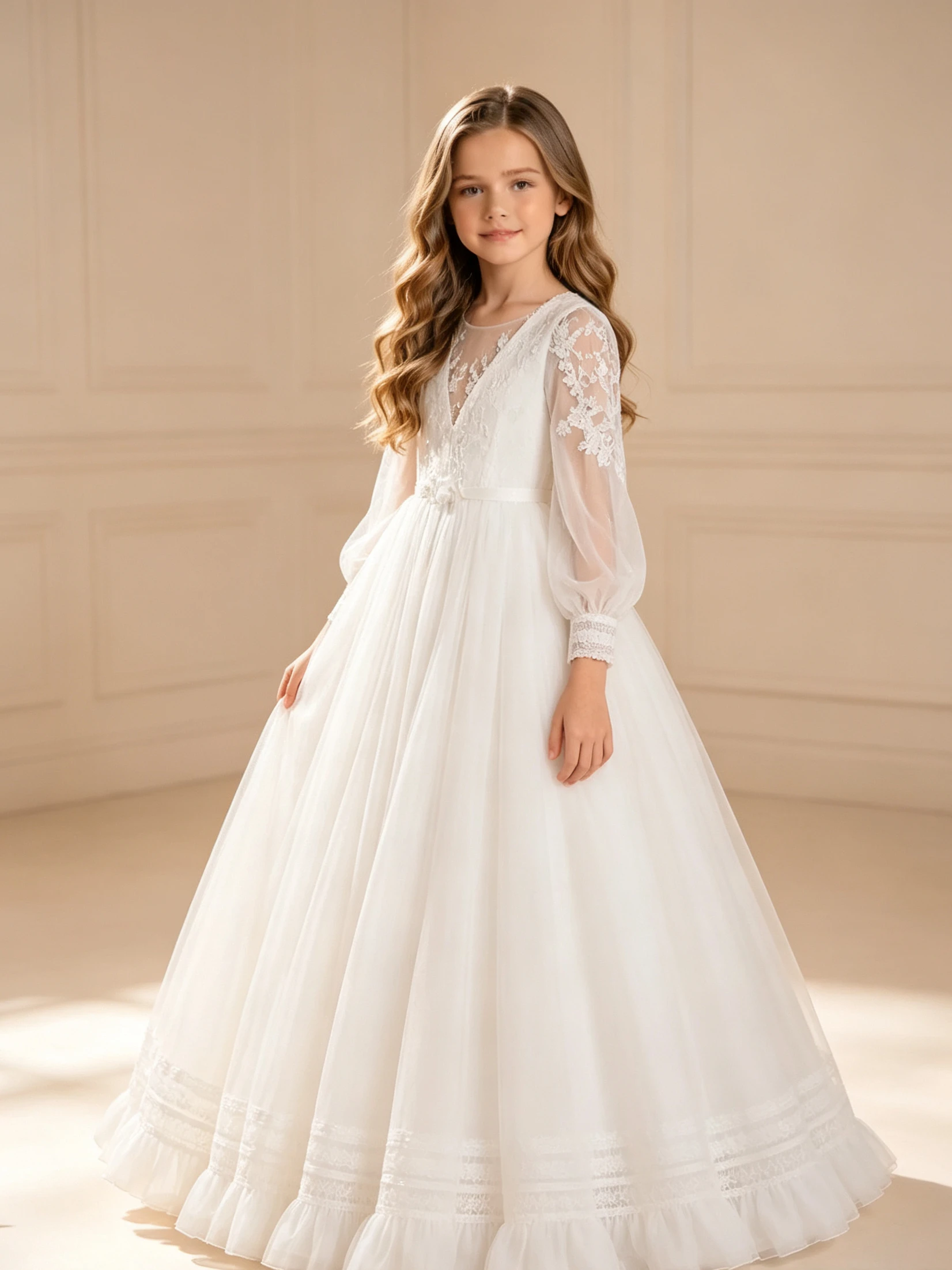 Customized White Flower Girl Dress For Wedding Lace Long Sleeve Floor Length Elegant Kids Birthday Party First Communion Gown