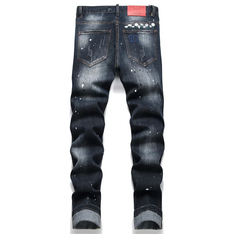 New Arrival 2024 Spring Men's Punk Jeans Hole Punched Stitching Mid Waist Paintings Casual Style Trousers D2033