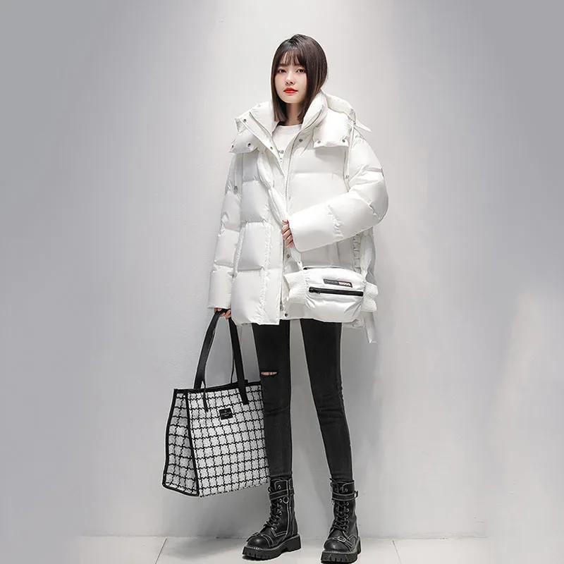 White Short Down Jacket Women\'s Fashion 2023 Winter New Loose 90%White duck down Hooded Coat Black Casual  Female Puffer Parkas