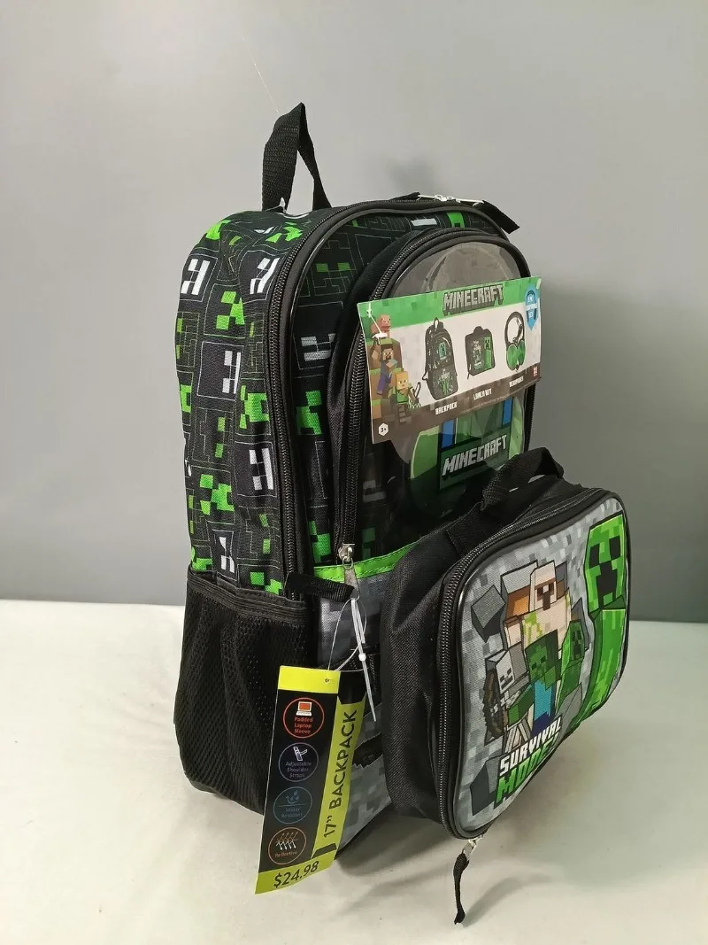 In Stock Minecraft Backpack 3 Piece Set With Lunch Bag Headphone Creeper Pixel Print Water Resistant Adjustable For Daily Travel