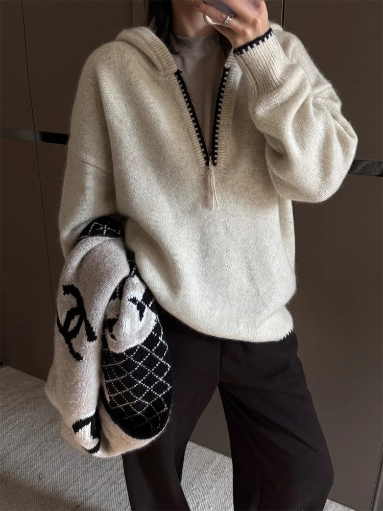 

Корейский дизайн с капюшоном и молнией, свитер на осень-зиму, винтажный элитный ленивый повседневный универсальный вязаный свитер irt