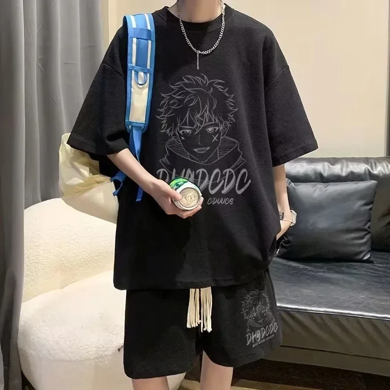 Waffle Summer Men Suit Hong Kong Style Short Sleeve T-shirt Korean Streetwear Casual Preppy Shorts Two Piece Set