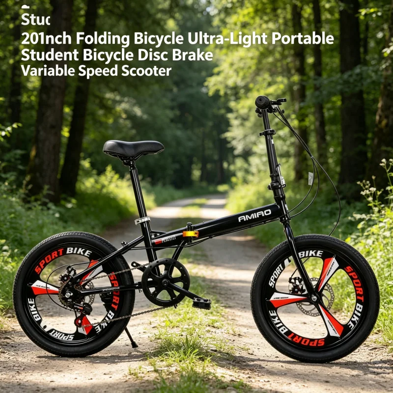 20 Inch Folding Bike Ultra-Light Portable Student Bicycle with Disc Brake Variable Speed Lightweight Foldable for Commuting Scho