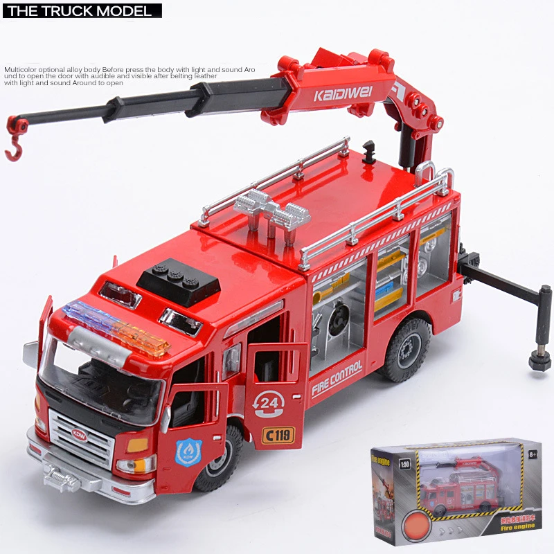 

Alloy Diecast 1:50 Fire Truck Transporter Friction Powered Engine with Extendable Resce Rubber Tire Vehicles Model Kids Gift Toy