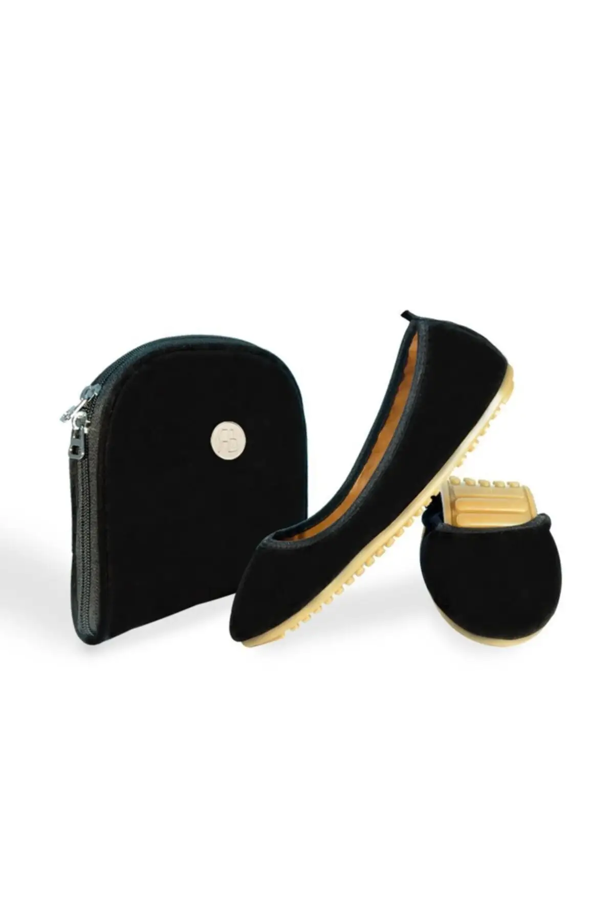 Women's Black Dark Velvet Ballerina Shoes Bag Set